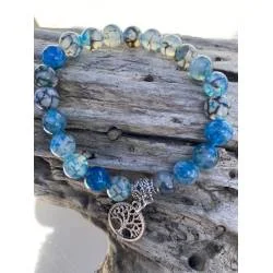 Bracelet Agate Dragon 8mm Arbre Vie Coloris Ciel - Bijou lithothérapie Agate