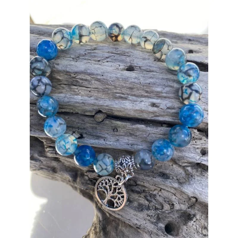 Bracelet Agate Dragon 8mm Arbre Vie Coloris Ciel - Bijou lithothérapie Agate