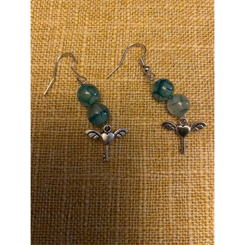 Boucles Oreilles Agate Veine Dragon Verte - Bijou lithothérapie Agate
