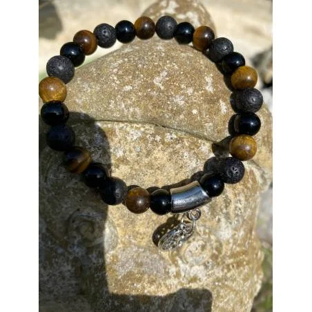 Bracelet Triple Protection Lave Tigre Obsidienne 22cm - Bijou lithothérapie Obsidienne